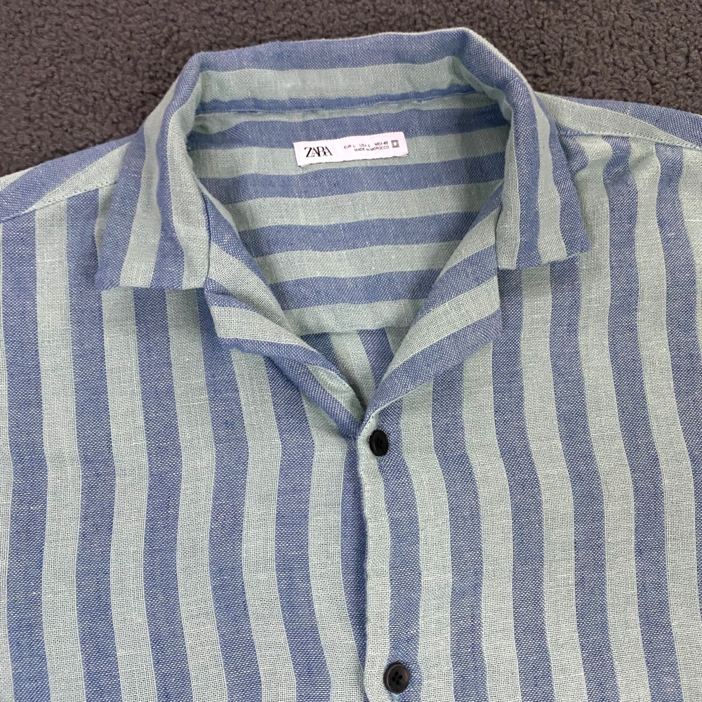 Zara Shirt Mens Large Camp Collar Hawaiian Striped Blue Beach Resort Summer